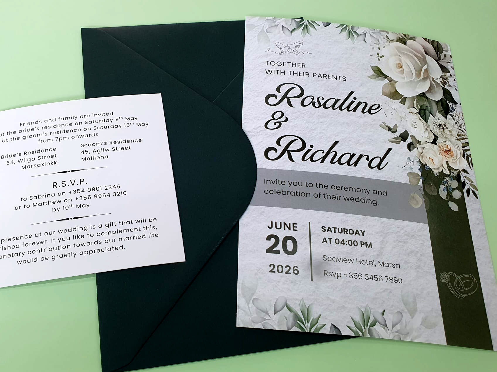 Premium wedding invitation made in Malta with dark green envelope