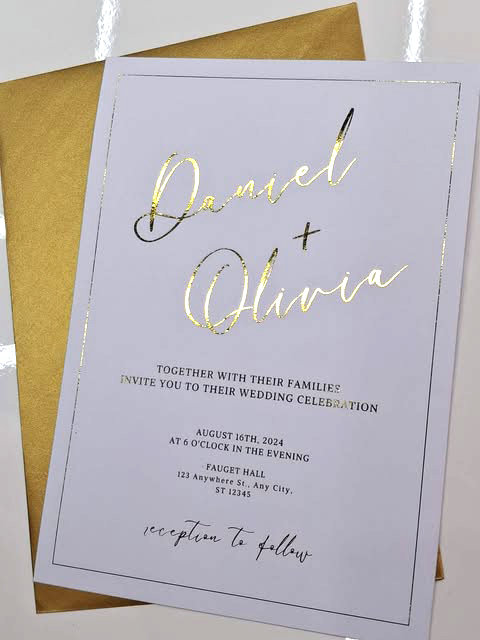 Gold foil wedding invitation sample in Malta