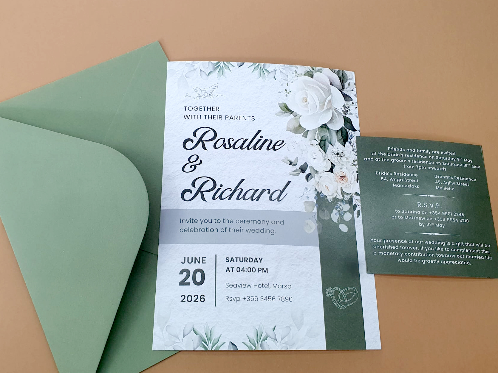 Luxury wedding invitation with vintage green envelope in Malta